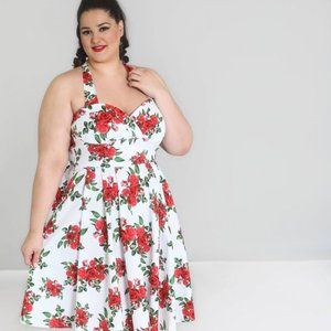 Hell Bunny Plus Size White Red Flowers 50'S Dress